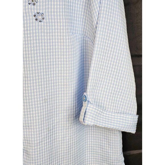 Allison Daley Blue Gingham Button-Up Shirt With Floral Embroidery 3/4 Sleeves - Picture 3 of 9